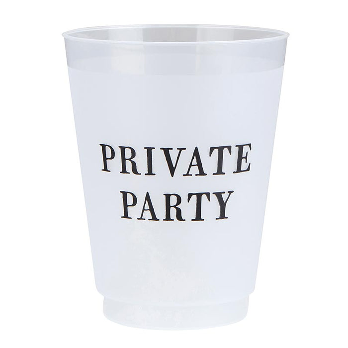 A frosted clear plastic cup with the words 'PRIVATE PARTY' printed in black.