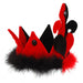 A red and black velvet Queen of Hearts crown with marabou trim and acrylic gem accents, designed for adults and children.