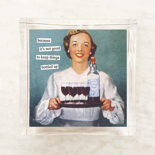 Anne Taintor Bottled Up cocktail napkins in acrylic napkin holder, retro woman holding cake with humorous caption