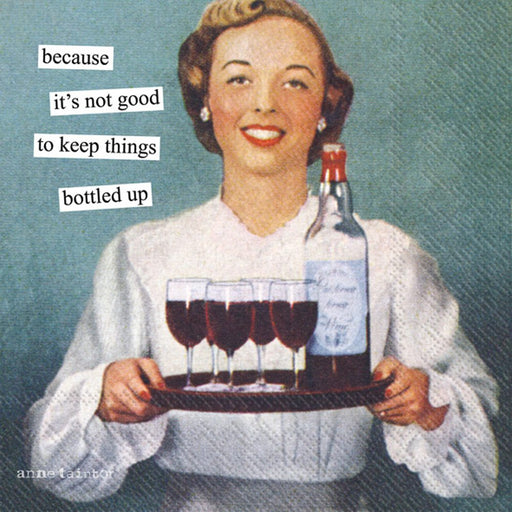 Anne Taintor Bottled Up cocktail napkin closeup, retro woman in apron holding chocolate cake