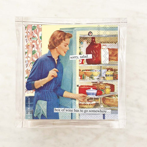 Anne Taintor Box of Wine cocktail napkins in acrylic holder, retro woman at refrigerator with wine humor caption