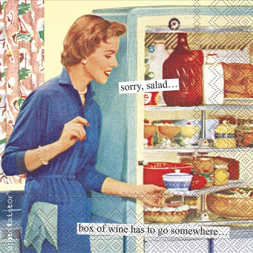Anne Taintor cocktail napkin closeup, retro woman opening refrigerator with box of wine humor caption