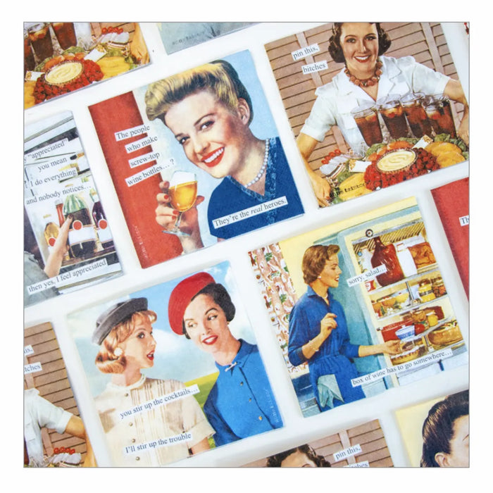Anne Taintor cocktail napkin designs, collection display showing multiple retro illustrations