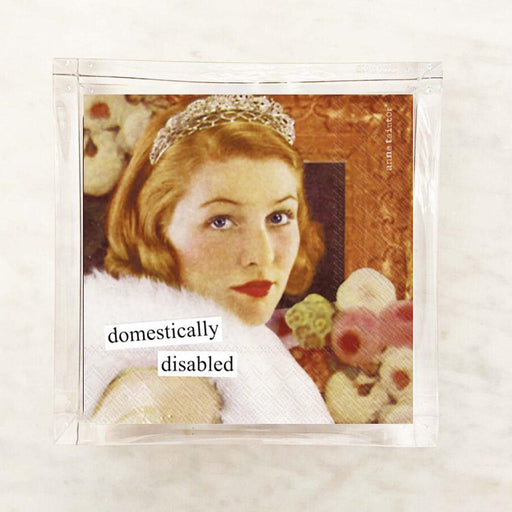 Anne Taintor Domestically Disabled cocktail napkins in acrylic napkin holder, retro woman in tiara with humor caption