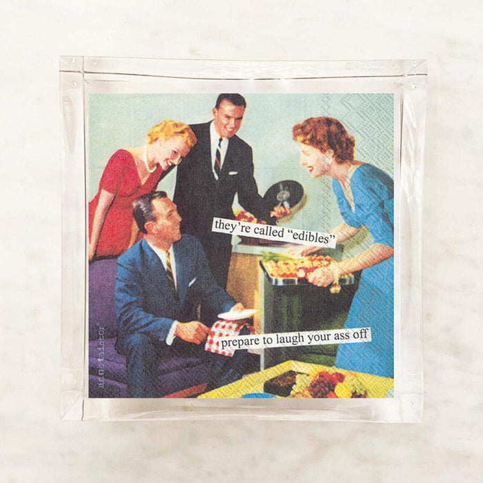 Anne Taintor Edibles cocktail napkins in an acrylic napkin holder, retro party illustration
