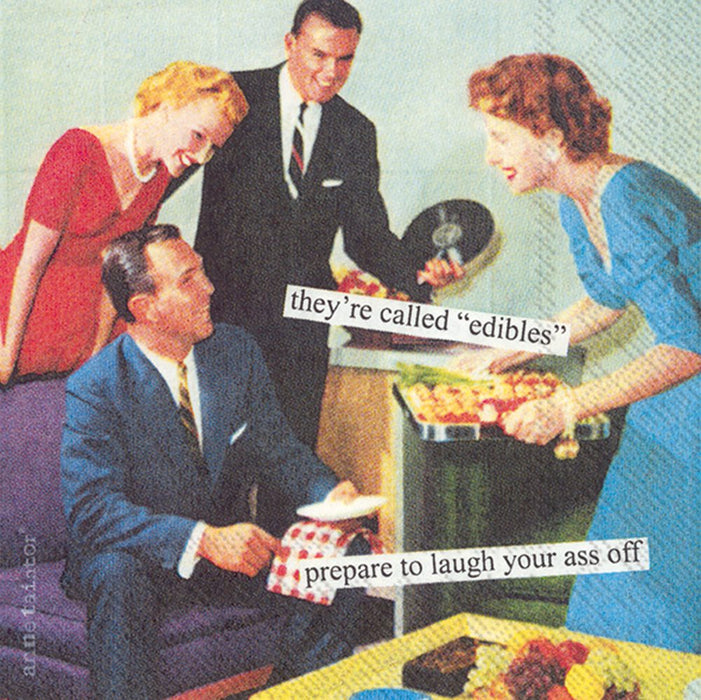 Anne Taintor cocktail napkin with retro illustration of party guests and Edibles humor print