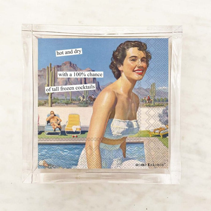 Anne Taintor Hot and Dry cocktail napkins in acrylic holder, retro woman poolside with frozen cocktails humor caption