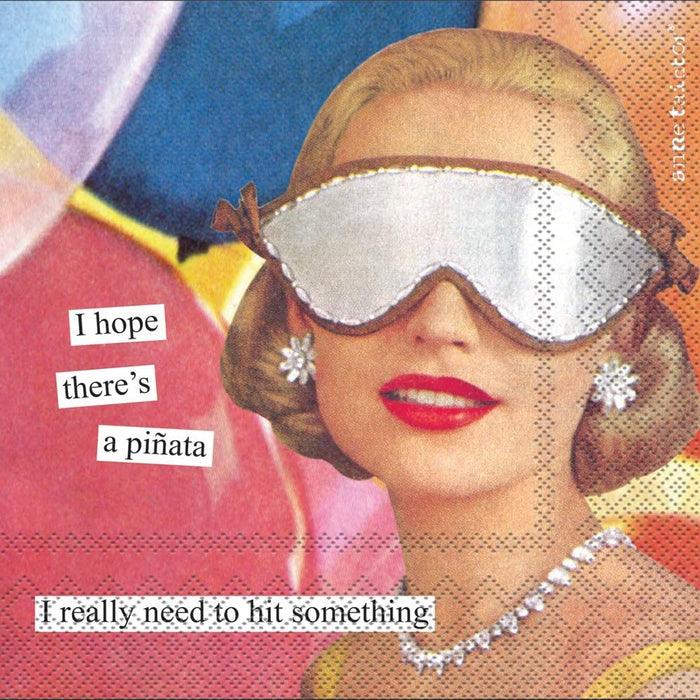 Anne Taintor cocktail napkin closeup, retro glamorous woman in sleep mask with piñata humor caption