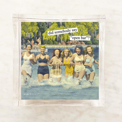 Anne Taintor Open Bar cocktail napkins in acrylic napkin holder, retro women in swimsuits in water