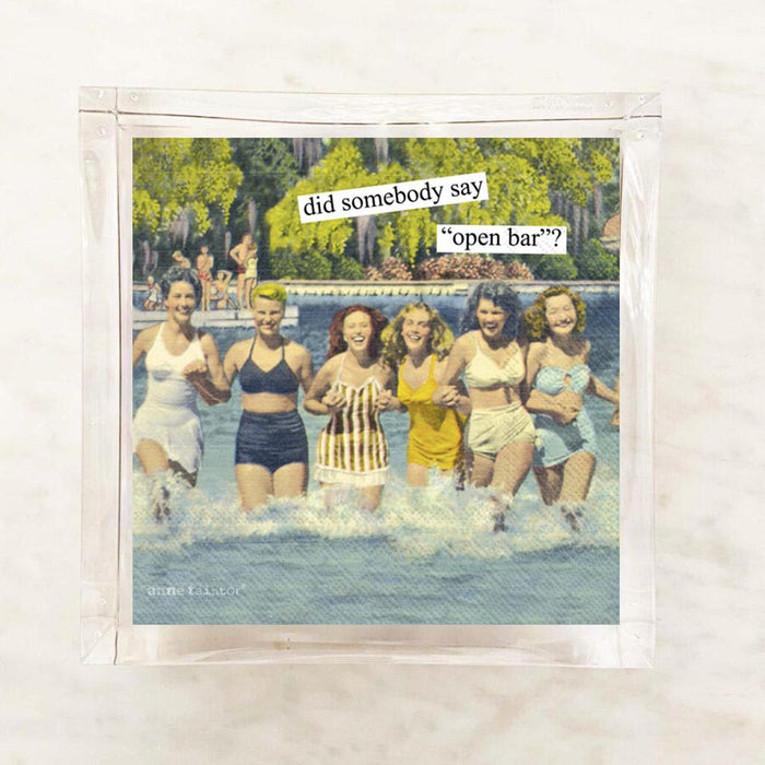 Anne Taintor Open Bar cocktail napkins in acrylic napkin holder, retro women in swimsuits in water