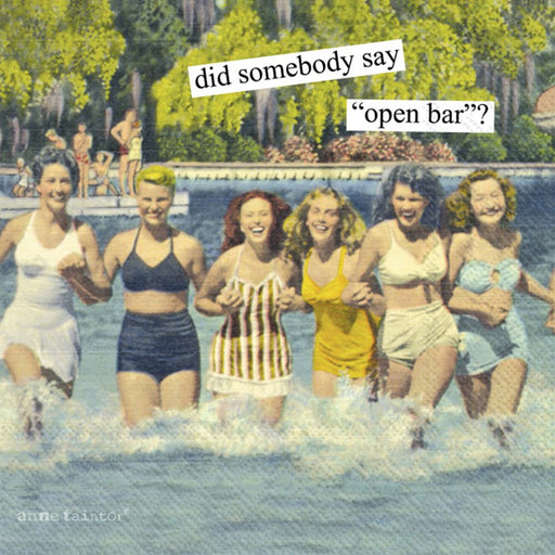 Anne Taintor cocktail napkin closeup, retro women in vintage swimsuits with open bar humor caption