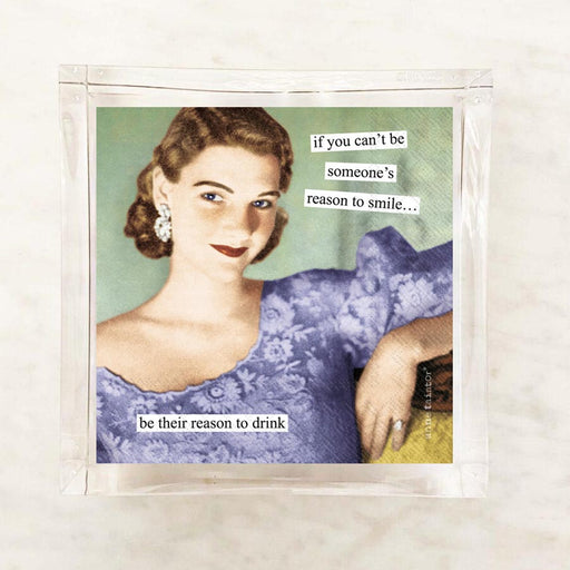 Anne Taintor Reason to Smile cocktail napkins in acrylic napkin holder, retro woman in purple dress