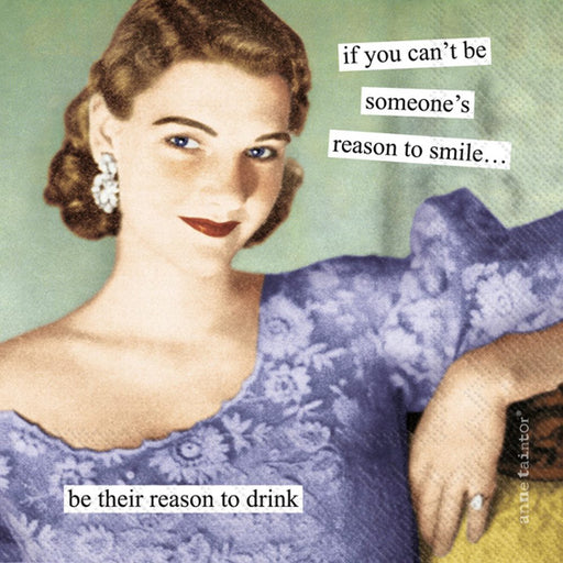 Anne Taintor cocktail napkin closeup, retro woman in purple dress 