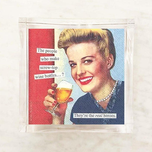 Anne Taintor Screw Top cocktail napkins displayed in acrylic napkin holder, retro woman with wine humor print