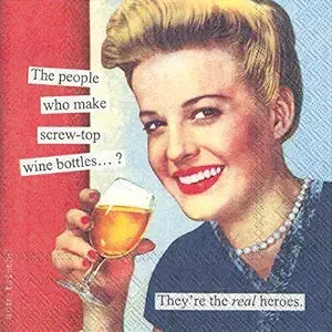 Anne Taintor cocktail napkin closeup, retro blonde woman holding beer with humorous cap