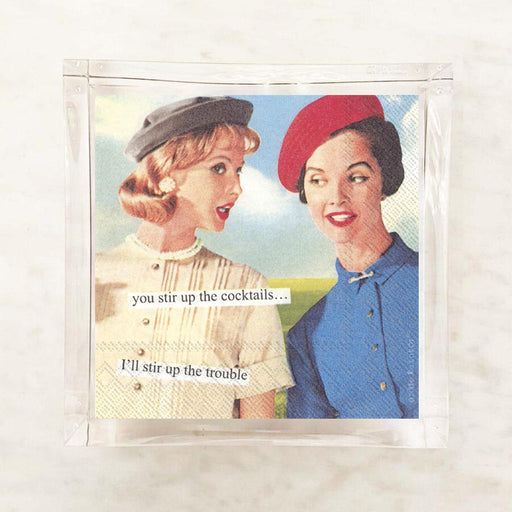 Anne Taintor Stir Up cocktail napkins displayed in acrylic napkin holder, retro women with humorous caption