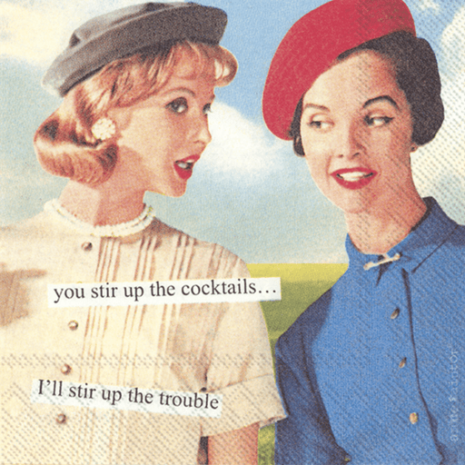 Anne Taintor Stir Up cocktail napkin closeup, retro women in hats with humorous caption