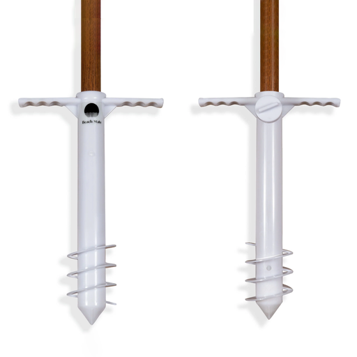 Two white tent stakes with wooden handles on a white background