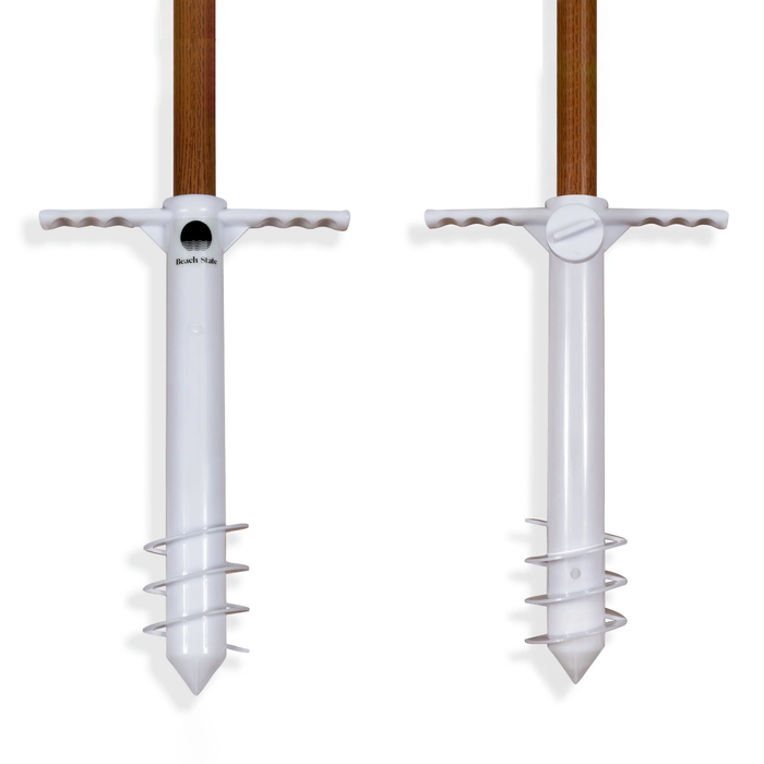 Two white tent stakes with wooden handles on a white background