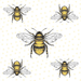 Paper napkin featuring a pattern of detailed black and yellow bees with transparent wings on a white background with yellow polka dots