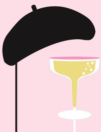 A set of props including a black beret, and a yellow champagne glass, meant for fashion photo shoots with a Paris theme.