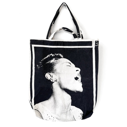 Oversized cotton canvas tote bag with bold black and white portrait of Billie Holiday