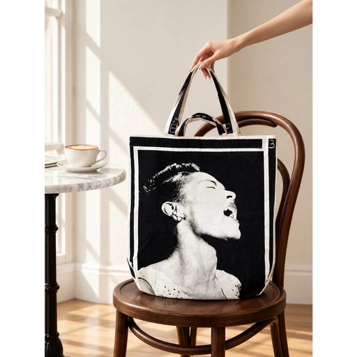 Oversized cotton canvas tote bag with bold black and white portrait of Billie Holiday