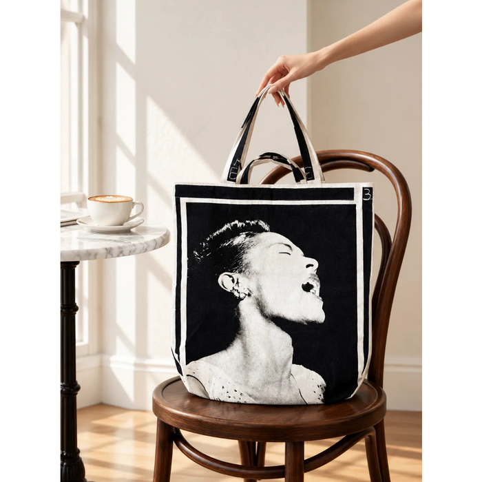 Oversized cotton canvas tote bag with bold black and white portrait of Billie Holiday