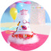 A colorful birthday party hat with white and pink glitter, marabou feathers, and a jeweled crown topper, displayed against a festive background with balloons.