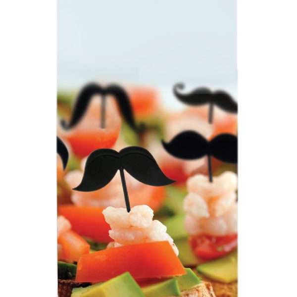 A set of mustache-shaped party picks inserted into food, specifically shrimp and tomato skewers, against a blurred background.