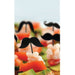 A set of mustache-shaped party picks inserted into food, specifically shrimp and tomato skewers, against a blurred background.