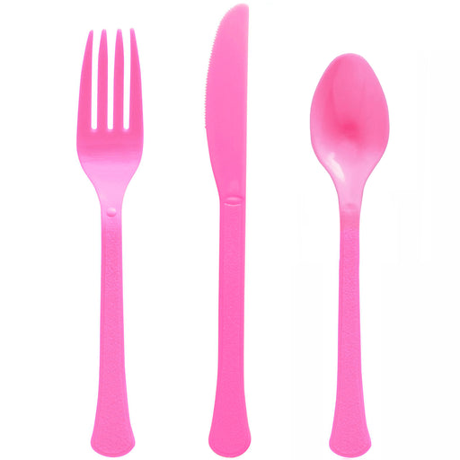 Bright pink extra heavy weight plastic fork, knife, and spoon cutlery set for birthday parties, girls celebrations, and festive entertaining