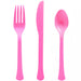Bright pink extra heavy weight plastic fork, knife, and spoon cutlery set for birthday parties, girls celebrations, and festive entertaining