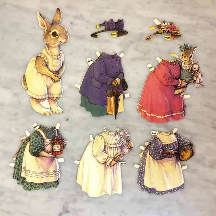 Vintage Bunny Rose paper doll set with rabbit figure and illustrated clothing outfits including hats and accessories — charming Easter and spring gift for kids