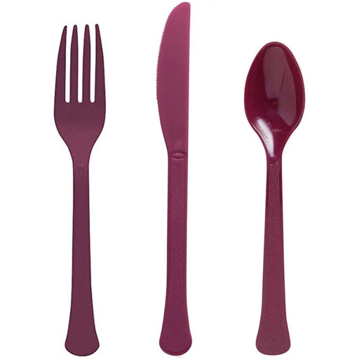 Burgundy extra heavy weight plastic fork, knife, and spoon cutlery set for parties, weddings, and elegant entertaining