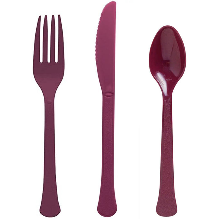 Burgundy extra heavy weight plastic fork, knife, and spoon cutlery set for parties, weddings, and elegant entertaining