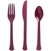 Burgundy extra heavy weight plastic fork, knife, and spoon cutlery set for parties, weddings, and elegant entertaining