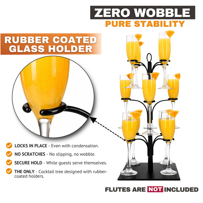 Cocktail tree stand with rubber-grip holders designed to keep stemware steady