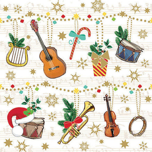 Christmas-themed napkins featuring musical instruments like guitar, violin, trumpet, drums, and lyre, adorned with holiday elements like Santa hats, gifts, candy canes, holly, snowflakes, and gold stars on a musical note background.