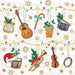 Christmas-themed napkins featuring musical instruments like guitar, violin, trumpet, drums, and lyre, adorned with holiday elements like Santa hats, gifts, candy canes, holly, snowflakes, and gold stars on a musical note background.