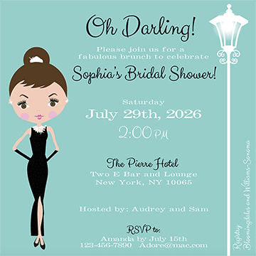 An electronic invitation for a bridal shower with an illustration of a woman in a black dress, styled hair, and accessories, against a blue background. Text includes event details for a brunch invitation.