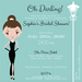 An electronic invitation for a bridal shower with an illustration of a woman in a black dress, styled hair, and accessories, against a blue background. Text includes event details for a brunch invitation.