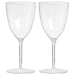 A set of two clear plastic wine glasses with a simple design.