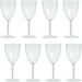 Set of eight clear wine glasses on a white background