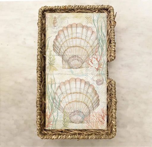 Elegant coastal guest towel napkin featuring soft watercolor scallop shells, coral, seaweed, and oceanic illustrations in pastel tones—ideal for beach weddings, coastal homes, and summer parties