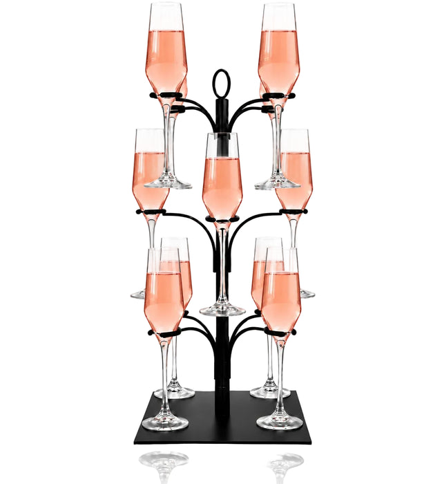 A black metal champagne tower stand holding eight stemmed champagne flutes filled with pink champagne, set against a clean white background with a subtle reflection below.