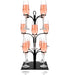 A black metal champagne tower stand holding eight stemmed champagne flutes filled with pink champagne, set against a clean white background with a subtle reflection below.