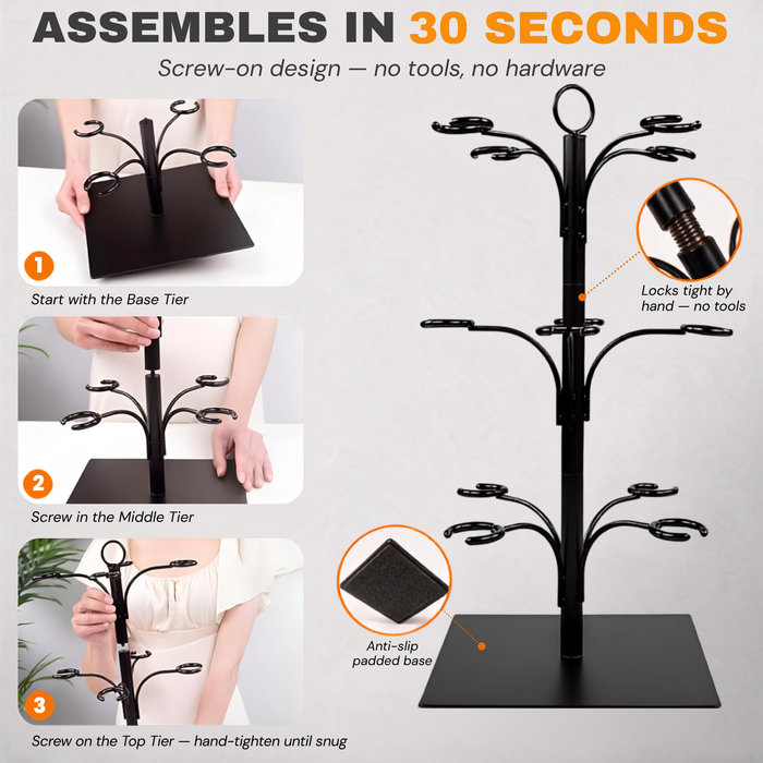 Cocktail tree stand showing quick tool-free assembly