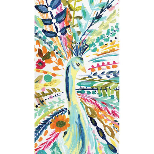 colorful guest paper towels with artistic painted turkey design displayed in a clear holder, vibrant thanksgiving napkins
