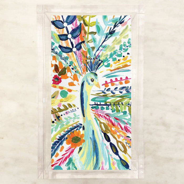 colorful guest paper towels with artistic painted turkey design displayed in a clear holder, vibrant thanksgiving napkins
